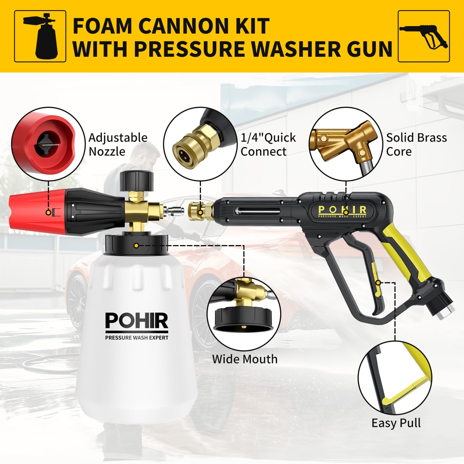 POHIR foam cannon bottle with adjustable nozzle creating thick suds for better coverage