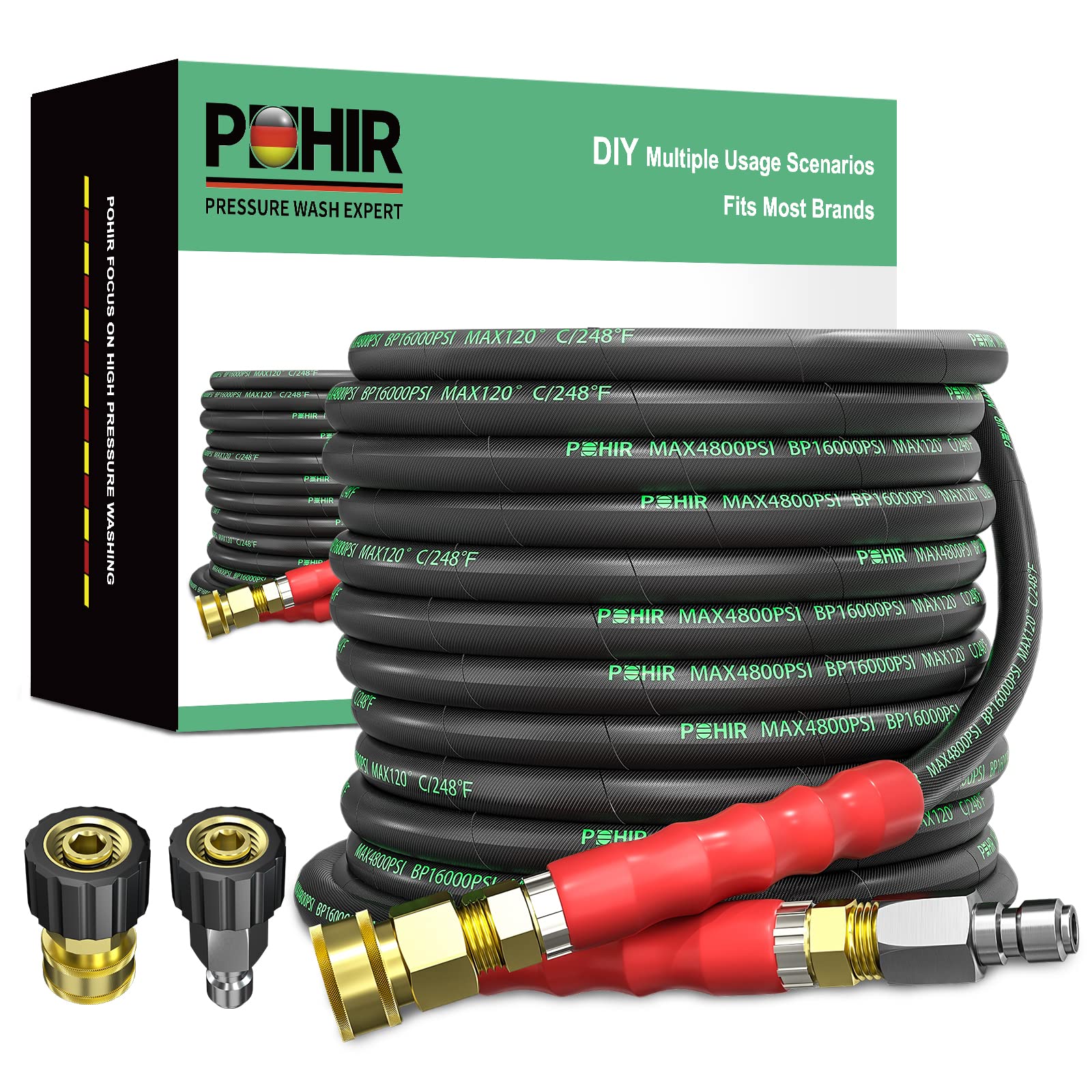 POHIR front view of 50ft pressure washer hose showing full length and fittings benefit durability