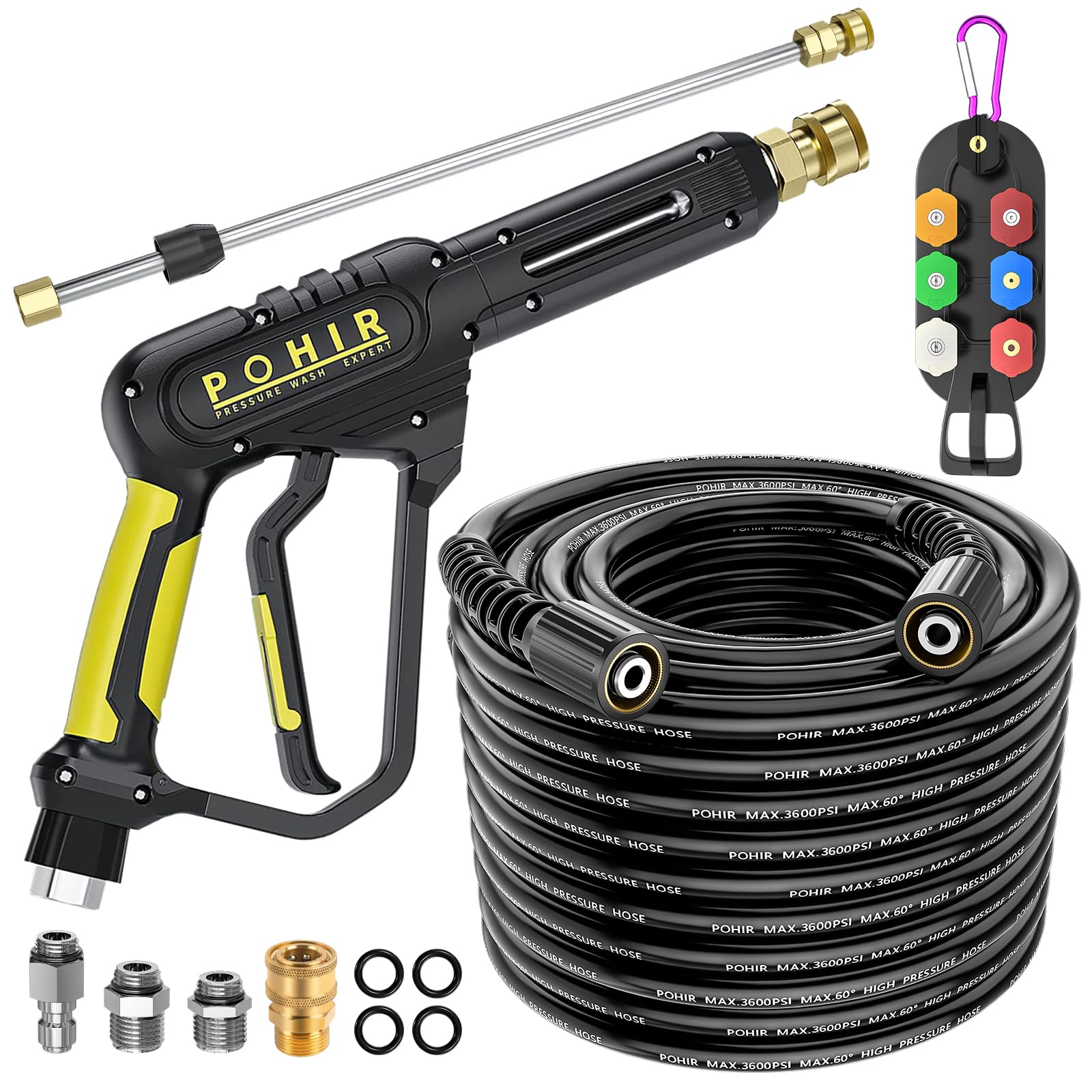 POHIR front view of pressure washer gun and 50ft hose kit showing compact packaging and components