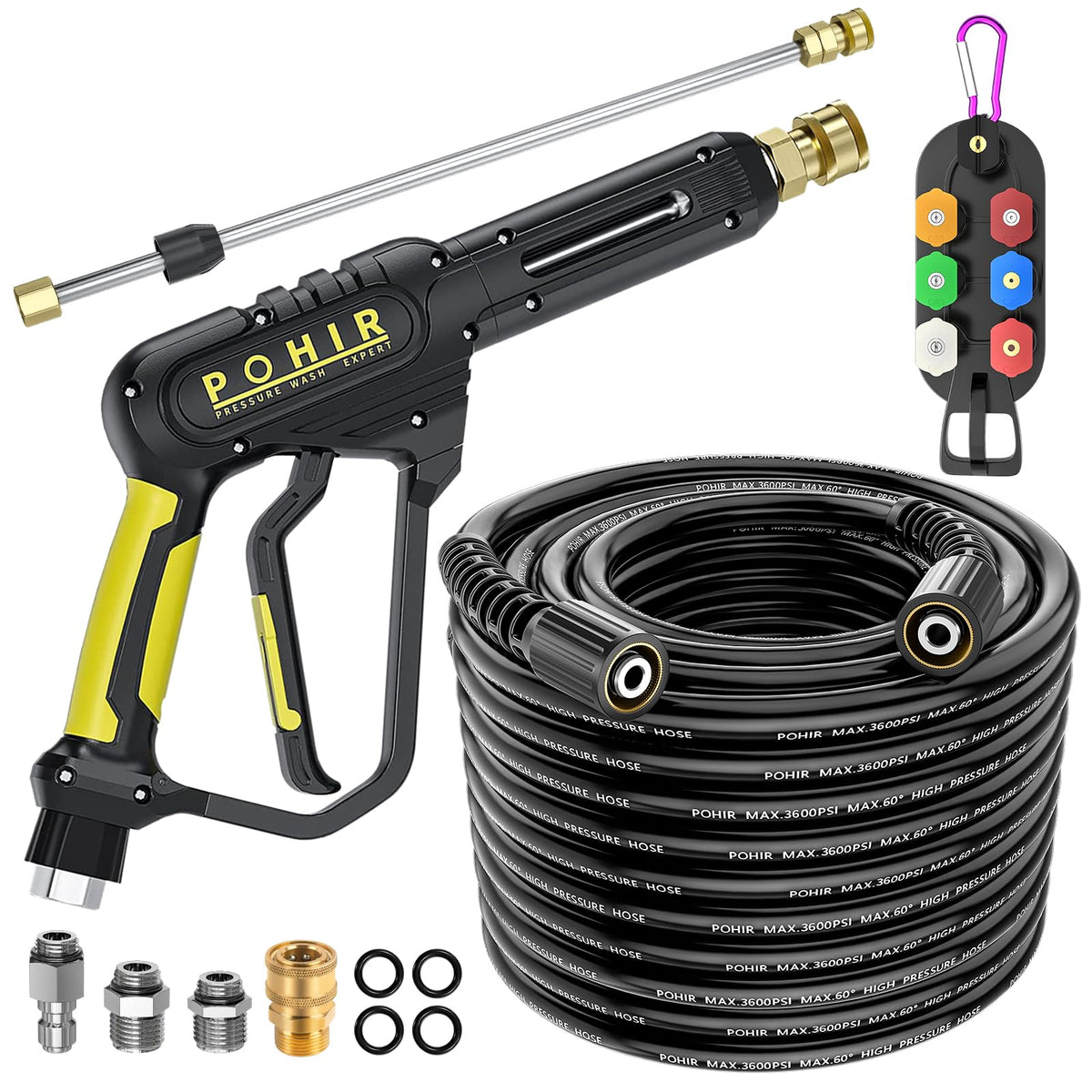 POHIR front view of pressure washer gun and 50ft hose kit showing compact packaging and components