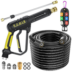 POHIR front view of pressure washer gun and 50ft hose kit showing compact packaging and components