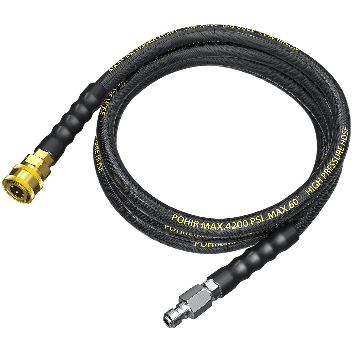 POHIR front view of 10ft whip hose showing compact design and quick-connect benefit