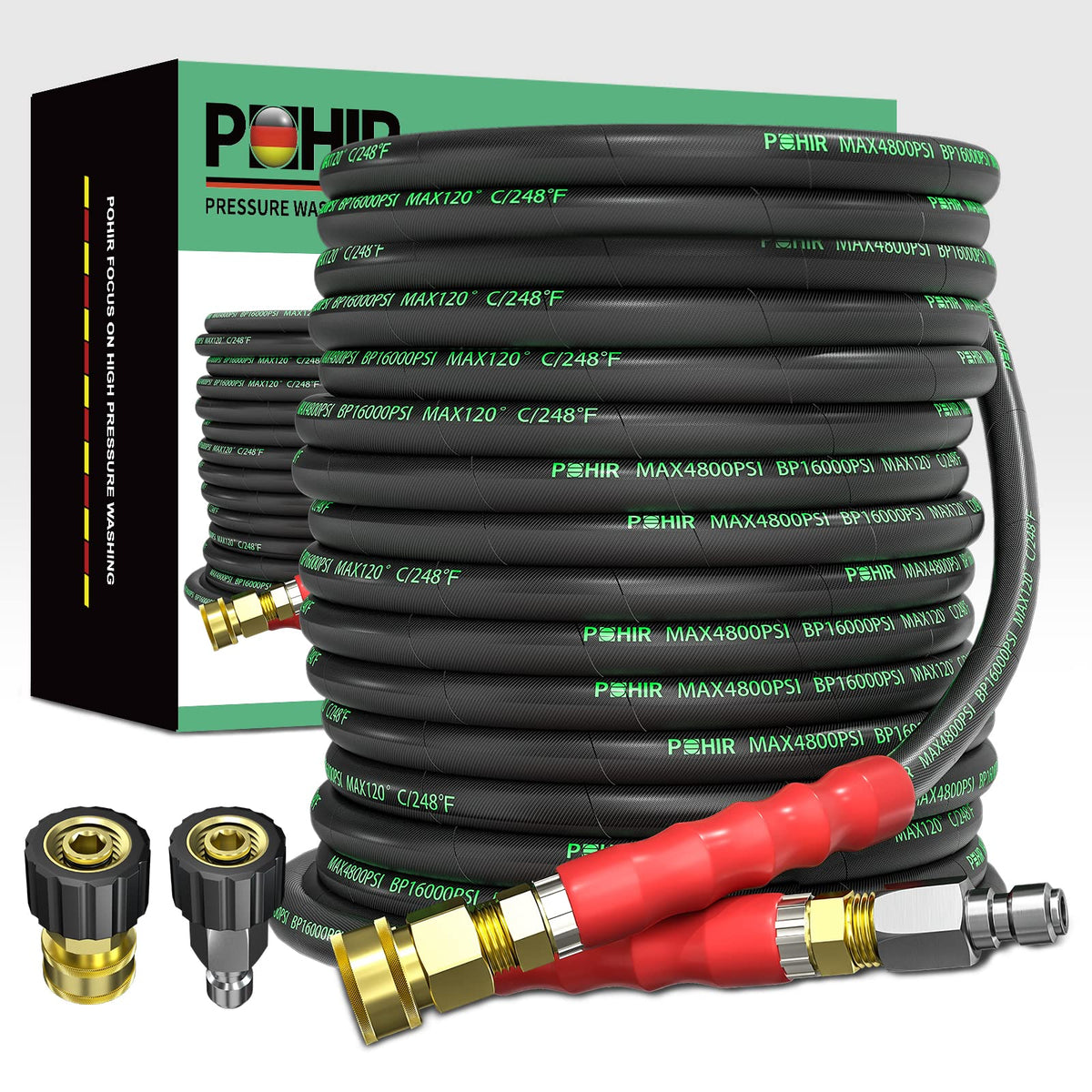 POHIR front packaging showing hose length and pressure rating for easy selection