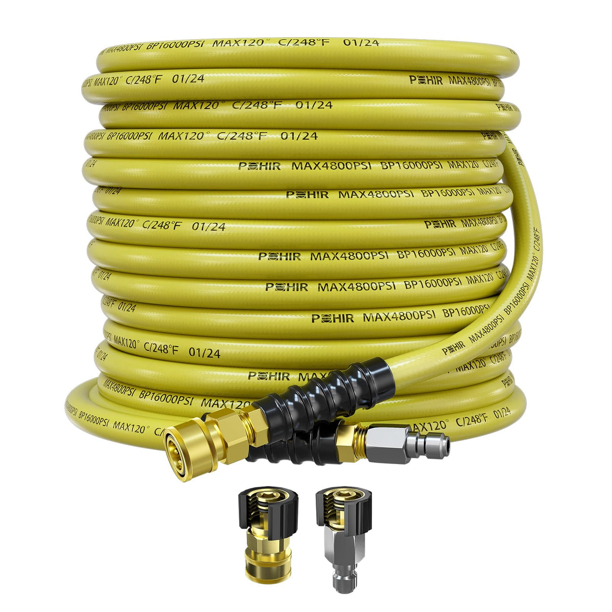 POHIR front view of 50ft hose showing full length and connectors, durable reach