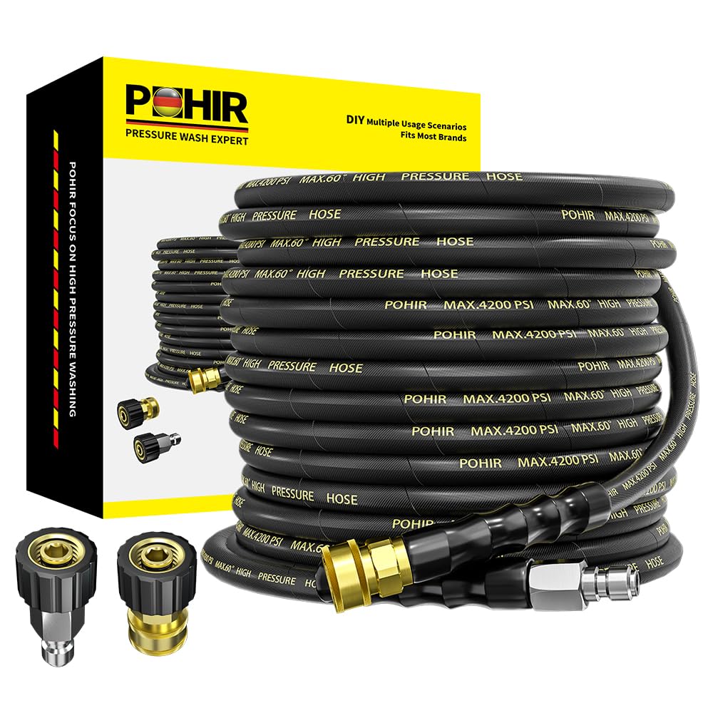 POHIR coiled 50 ft pressure washer hose showing full length and durability