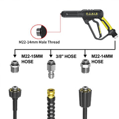 POHIR high-pressure gun close-up highlighting 360° swivel for easier hose rotation and reduced tangles