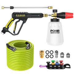POHIR pressure washer gun front view showing ergonomic handle and quick-connect benefit