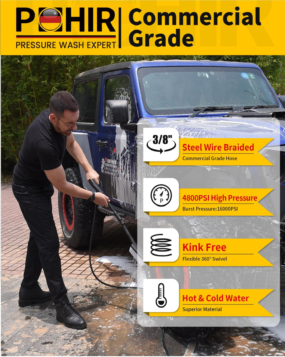 POHIR hose close-up of steel braid and synthetic rubber jacket offering flexibility and abrasion resistance