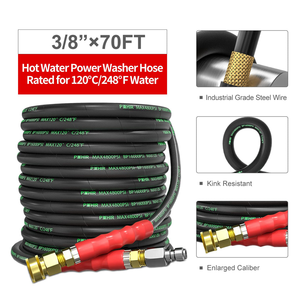 POHIR hose coiled full length to display 70ft reach and tidy storage advantage