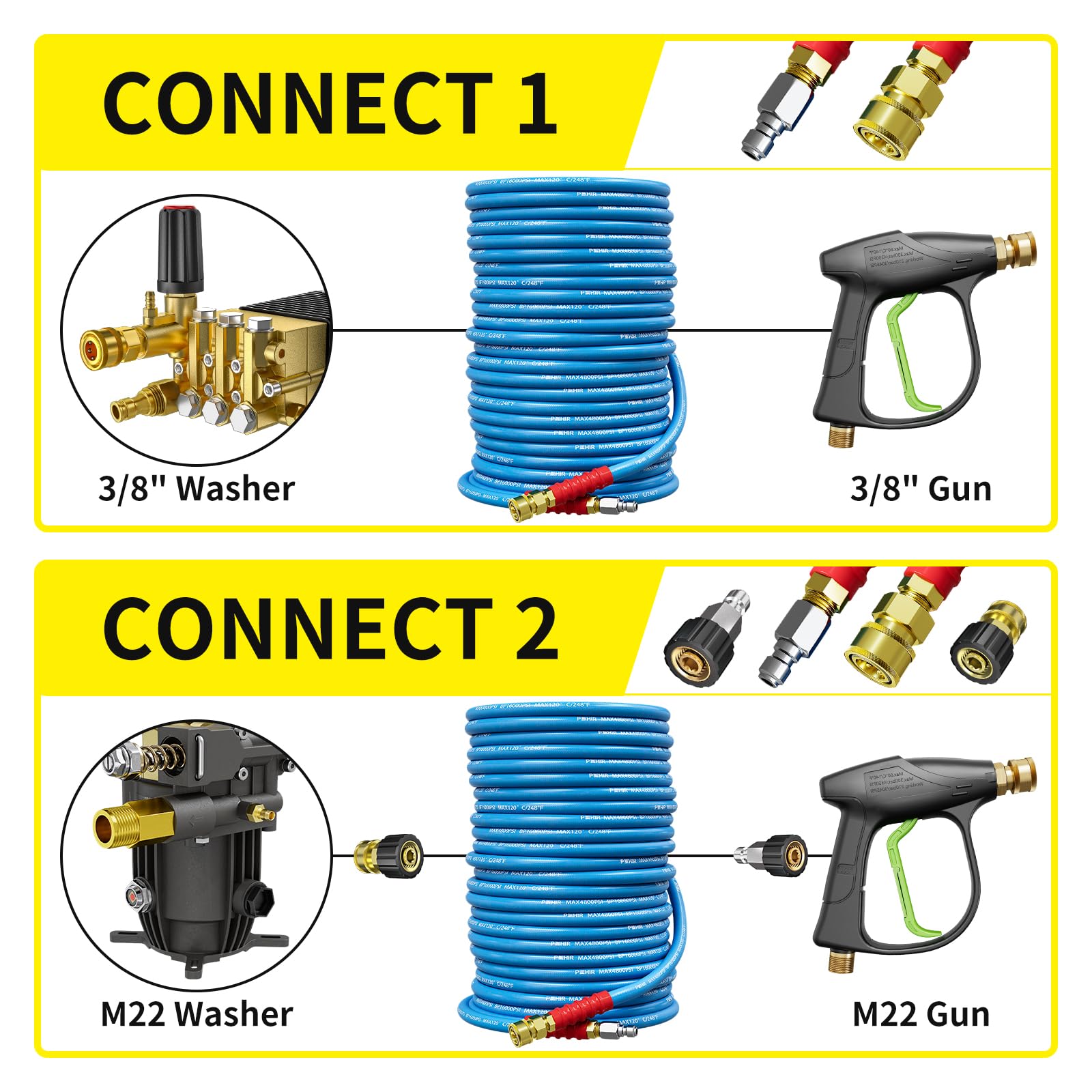 POHIR hose beside a tape measure showing 3/8" diameter and compatibility benefit