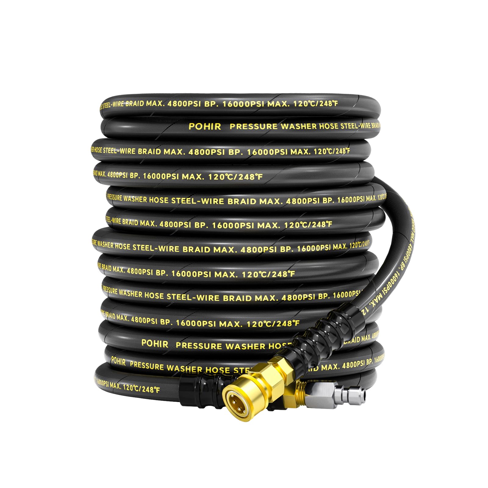 POHIR hose front packaging showing 50ft length and 4800 PSI rating for durable cleaning