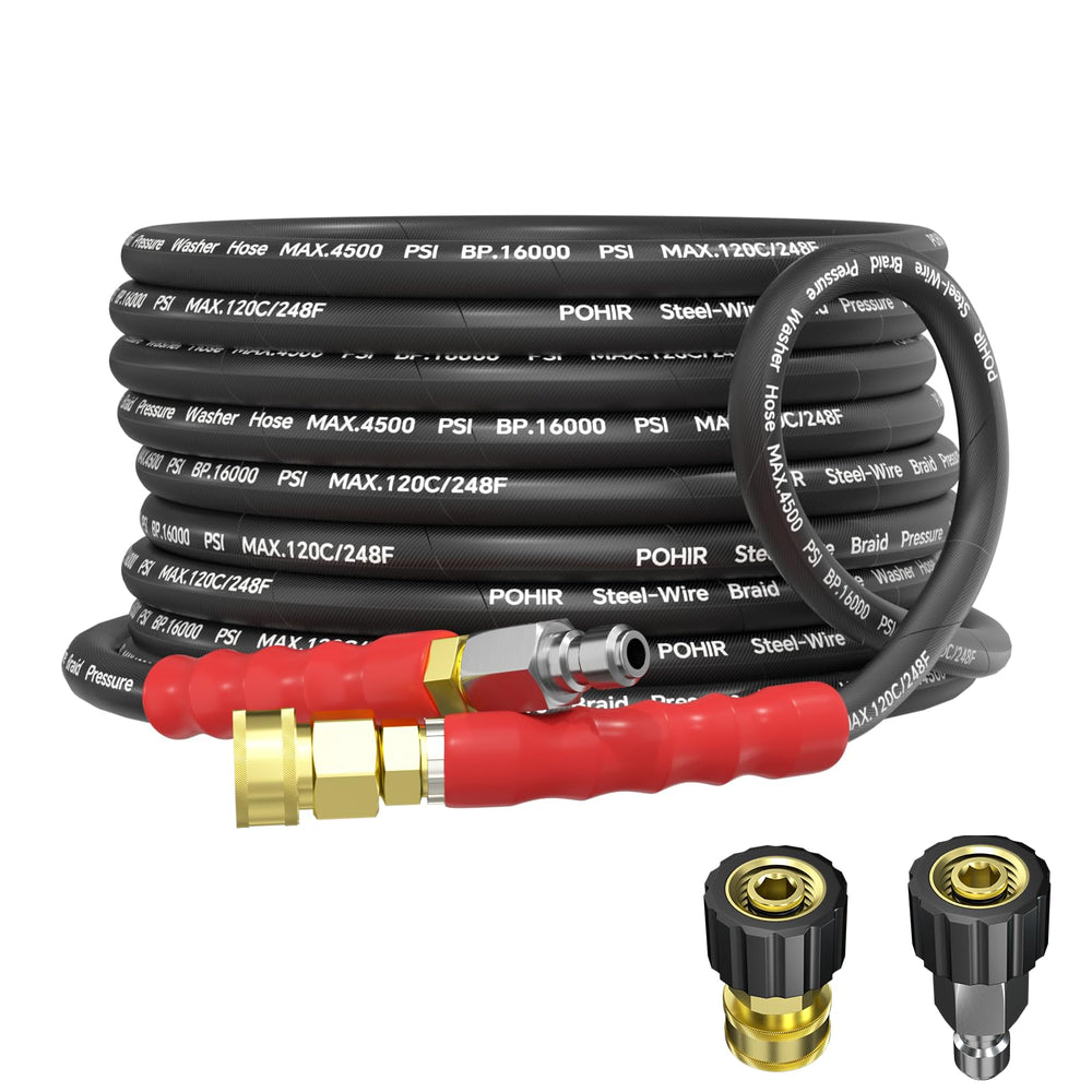 POHIR pressure washer hose front view showing 25ft length and fittings for durable use
