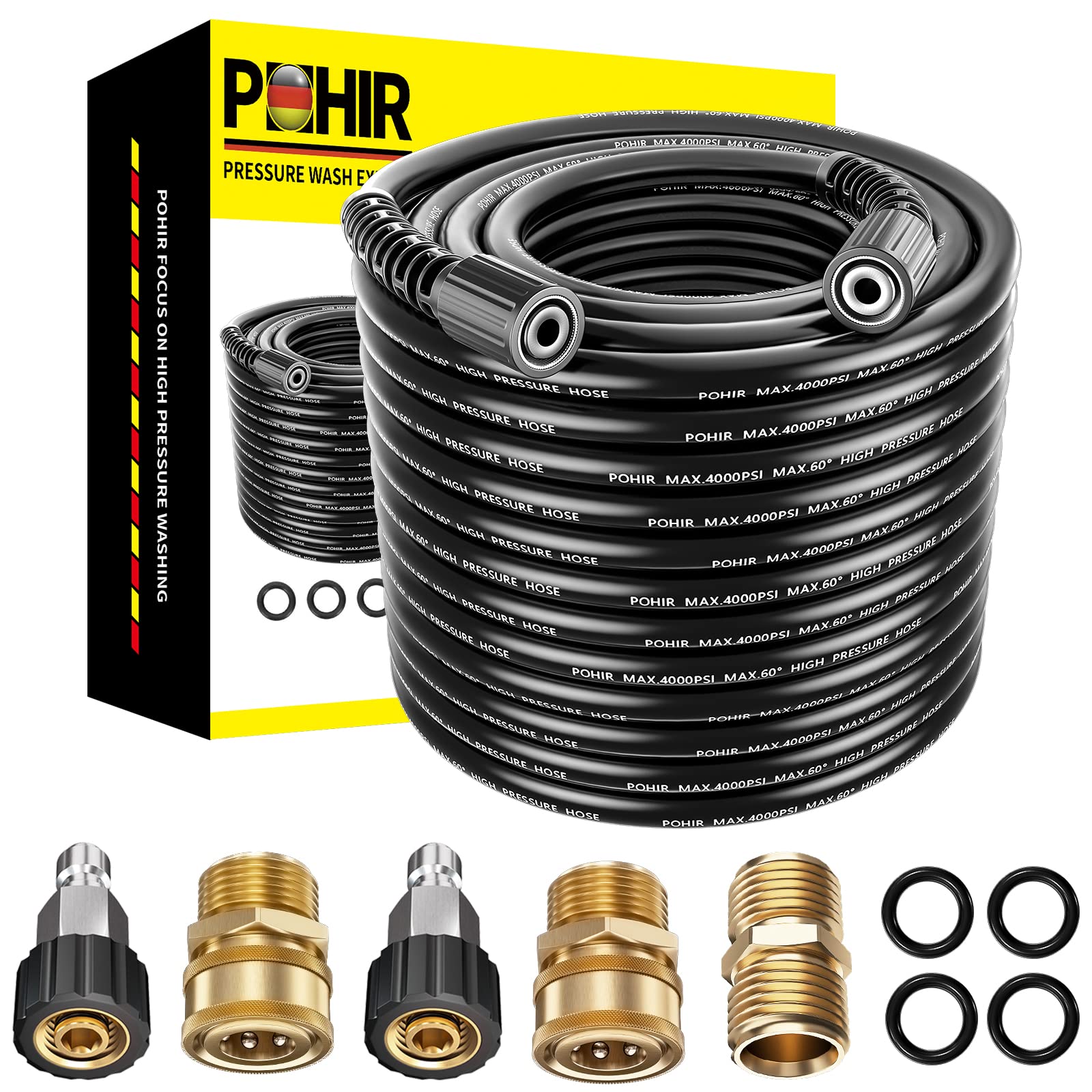 POHIR coiled 100ft hose showing full length and storage convenience