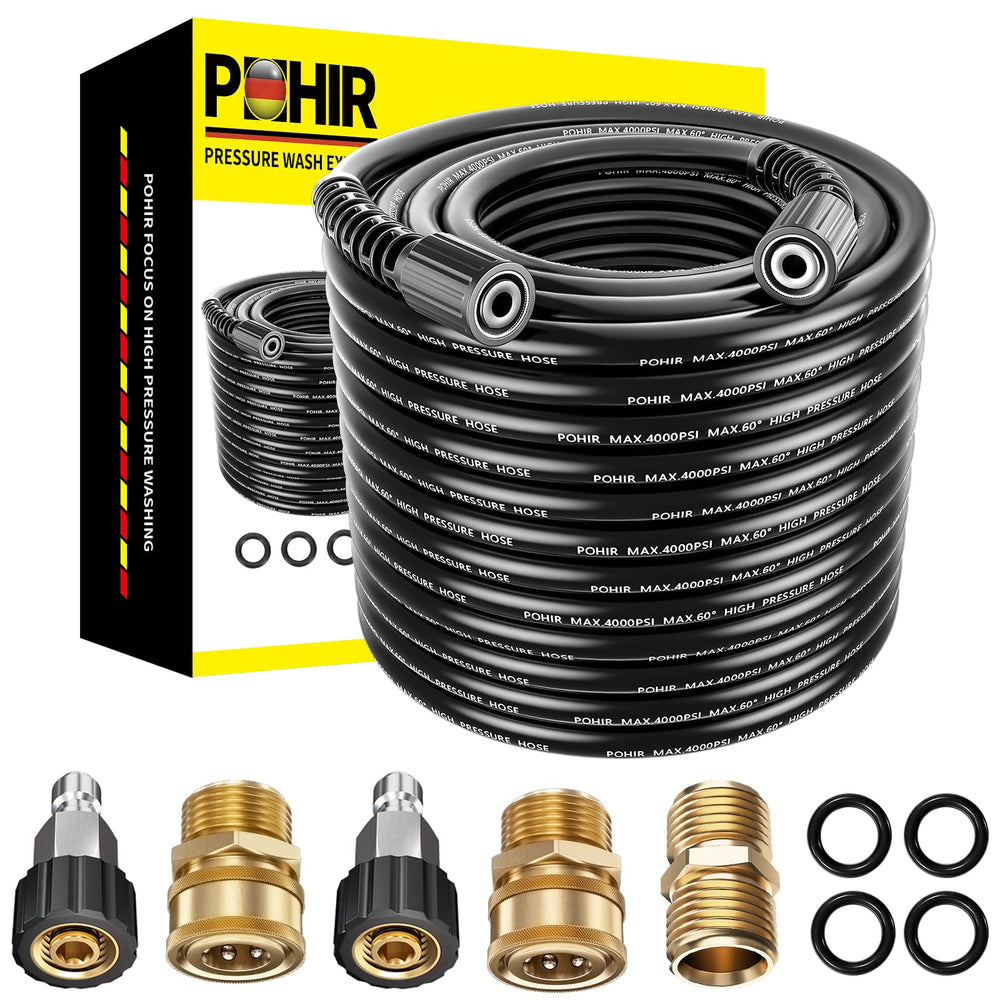 POHIR coiled 100ft hose showing full length and storage convenience