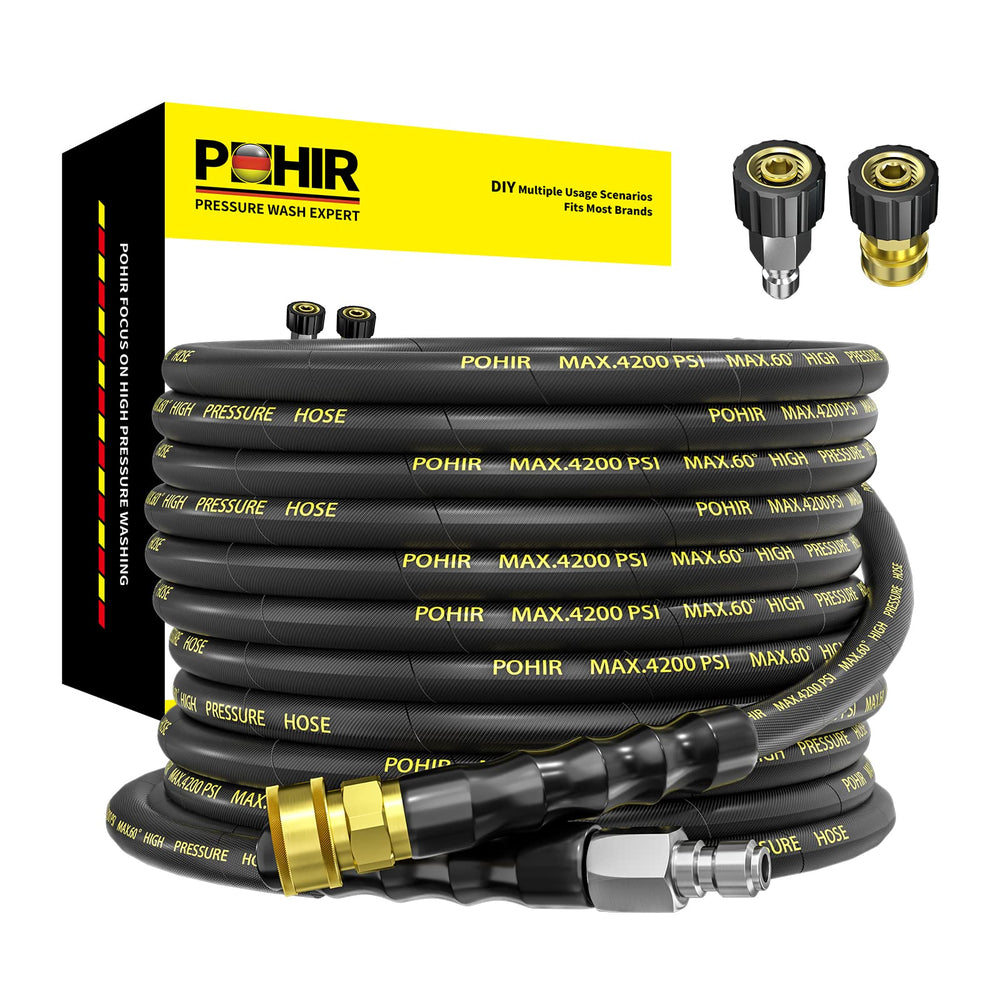 POHIR pressure washer hose full length showing reach and portability benefit