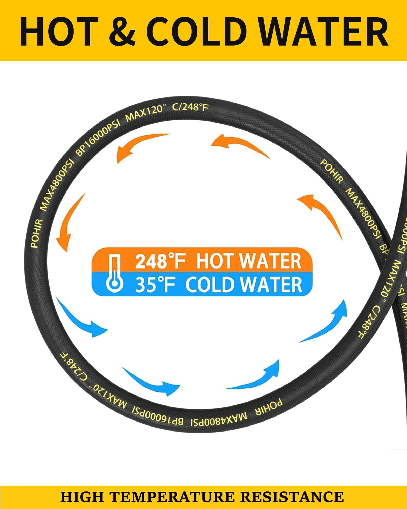 POHIR hose label indicating high temperature tolerance for hot-water pressure washing