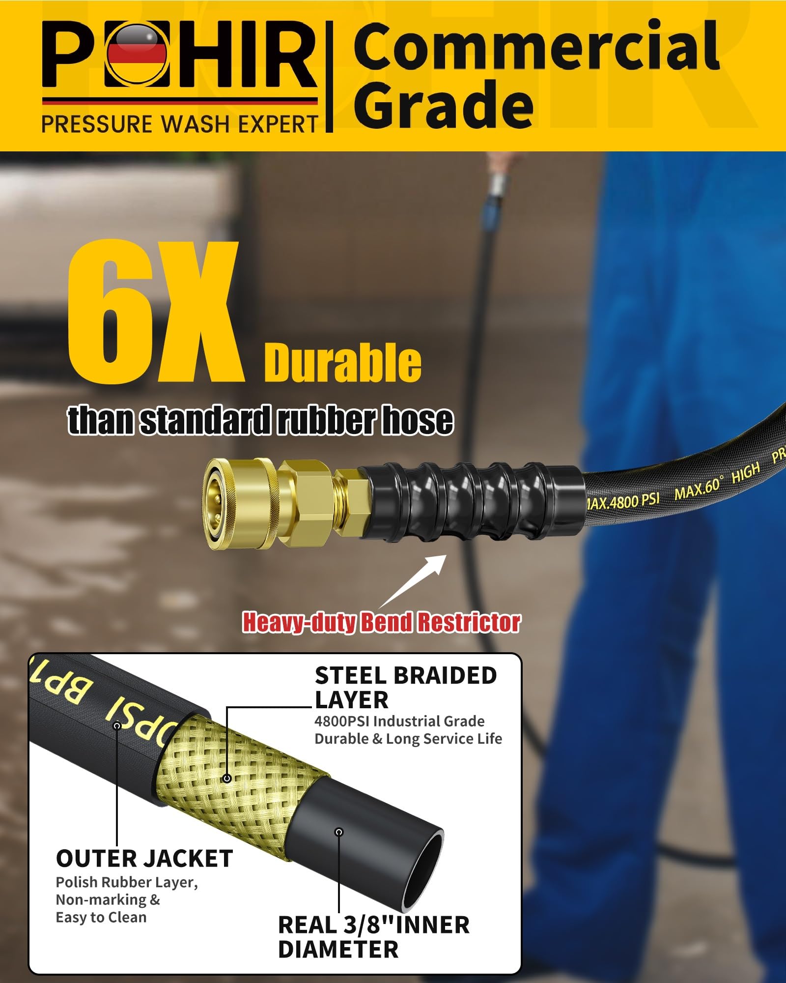 POHIR hose 3/8-inch swivel quick-connect fitting visible for fast secure hookups