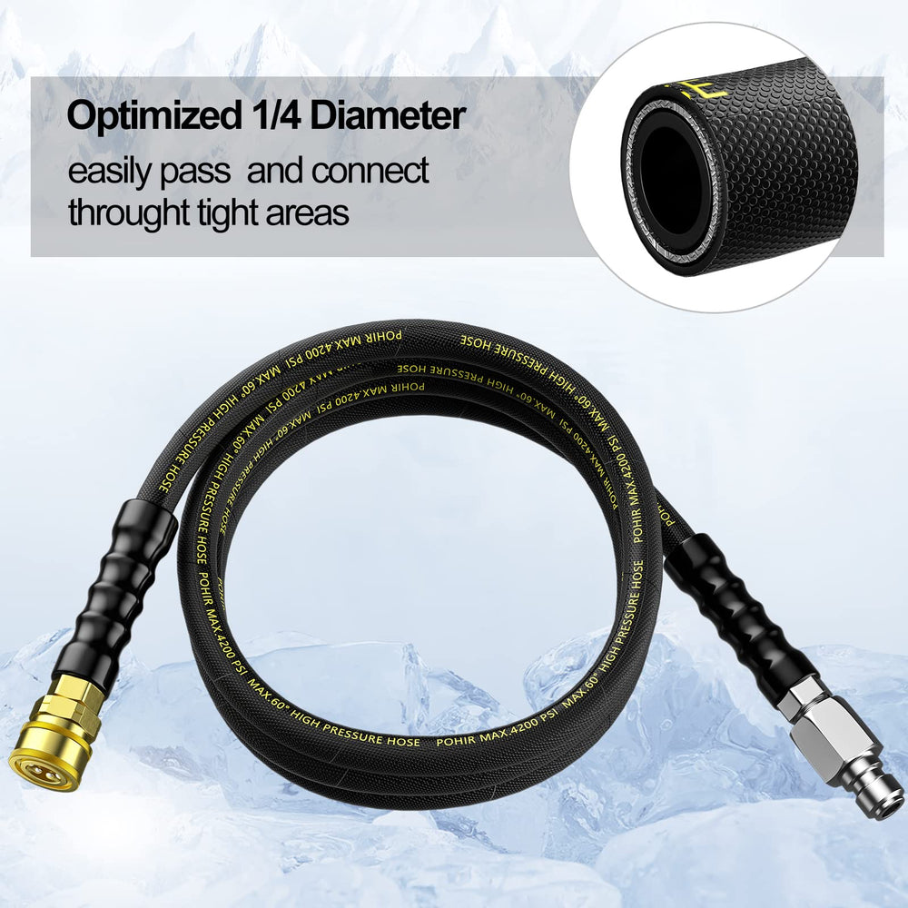 POHIR hose connected between pressure washer and spray gun showing reliable flow