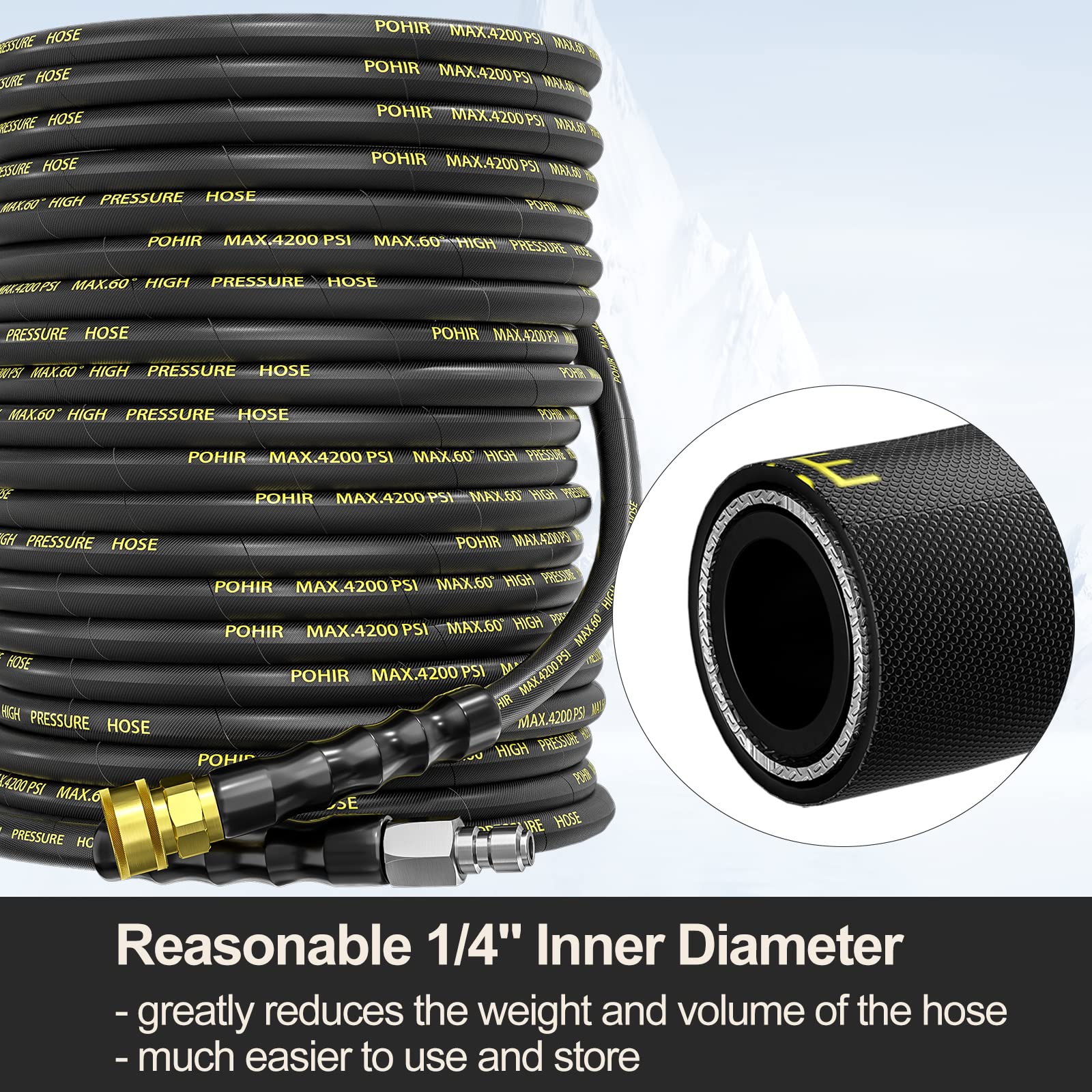 POHIR rolled hose beside hand for compact storage convenience