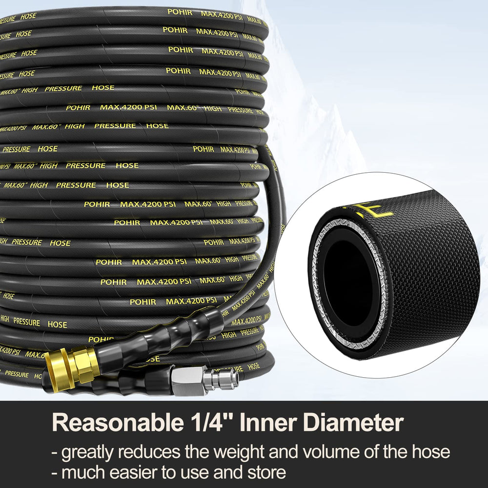 POHIR rolled hose beside hand for compact storage convenience