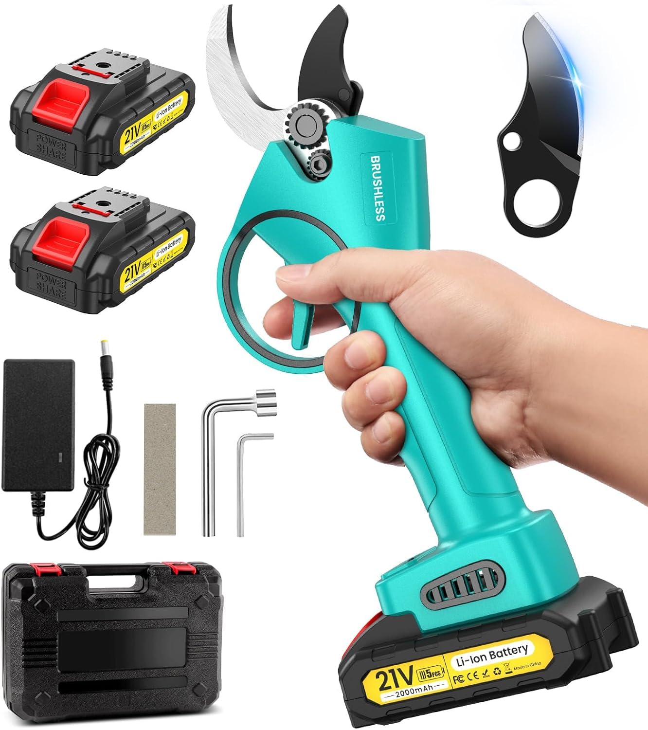 POIFL front view of blue cordless pruning shears showing ergonomic grip for comfort