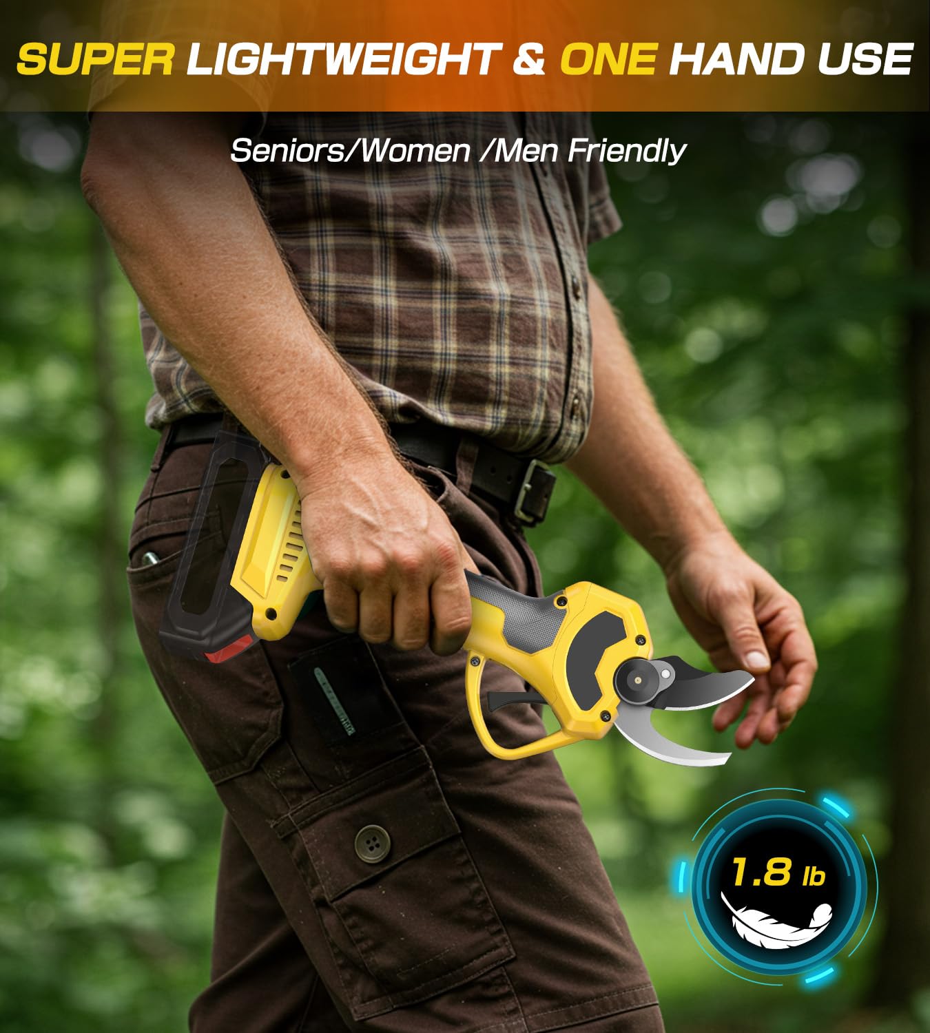 POIFL pruning shears held in hands for scale, demonstrating lightweight 1.8 lb handling