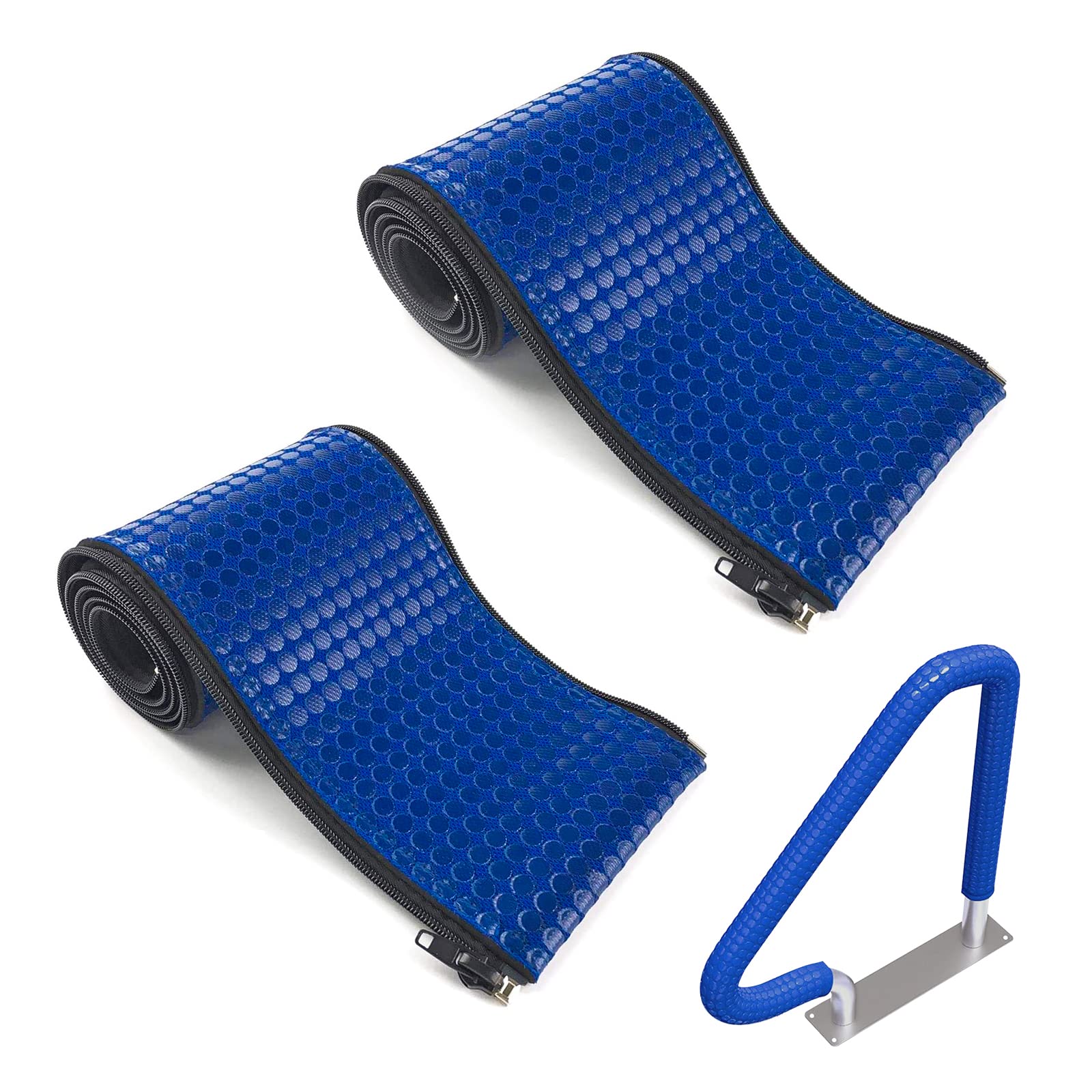 Pokin front view of royal blue handrail covers showing snug fit and visual appeal