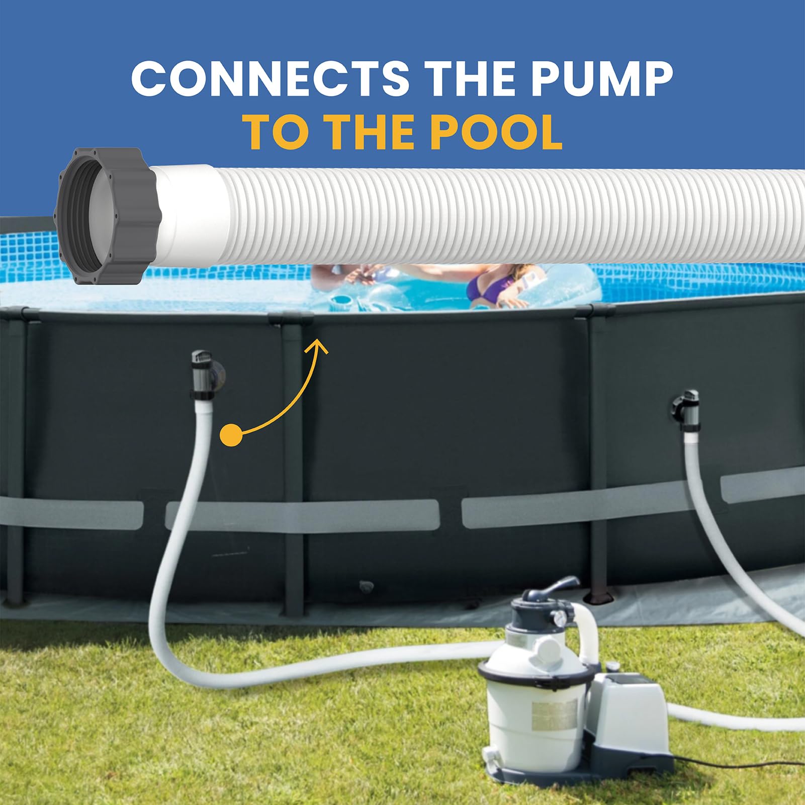 Pokin hose connected to an above-ground pump demonstrating secure fit and reliable flow