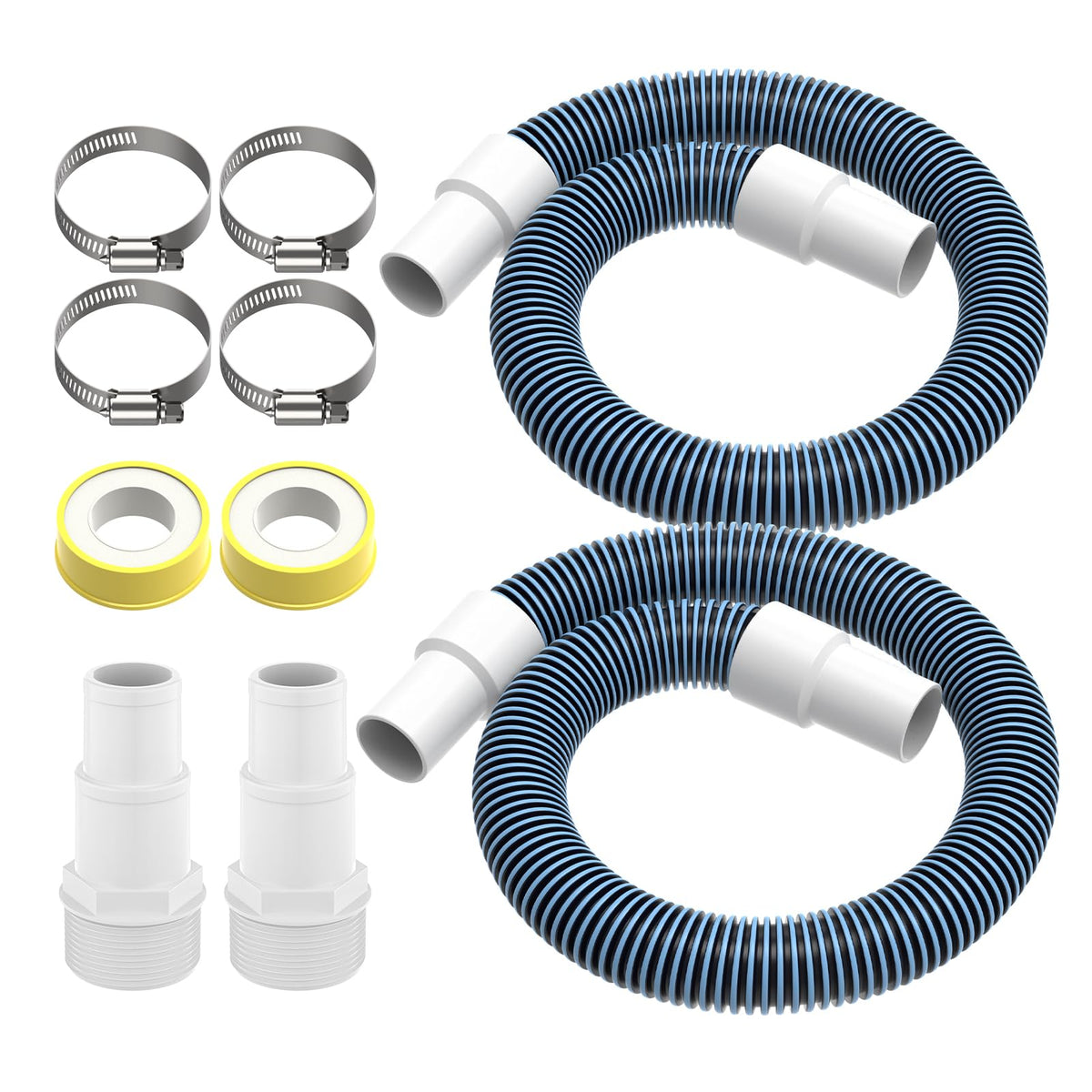 Pokin front view of two 1.5 inch hoses showing kit contents and quick repair benefit