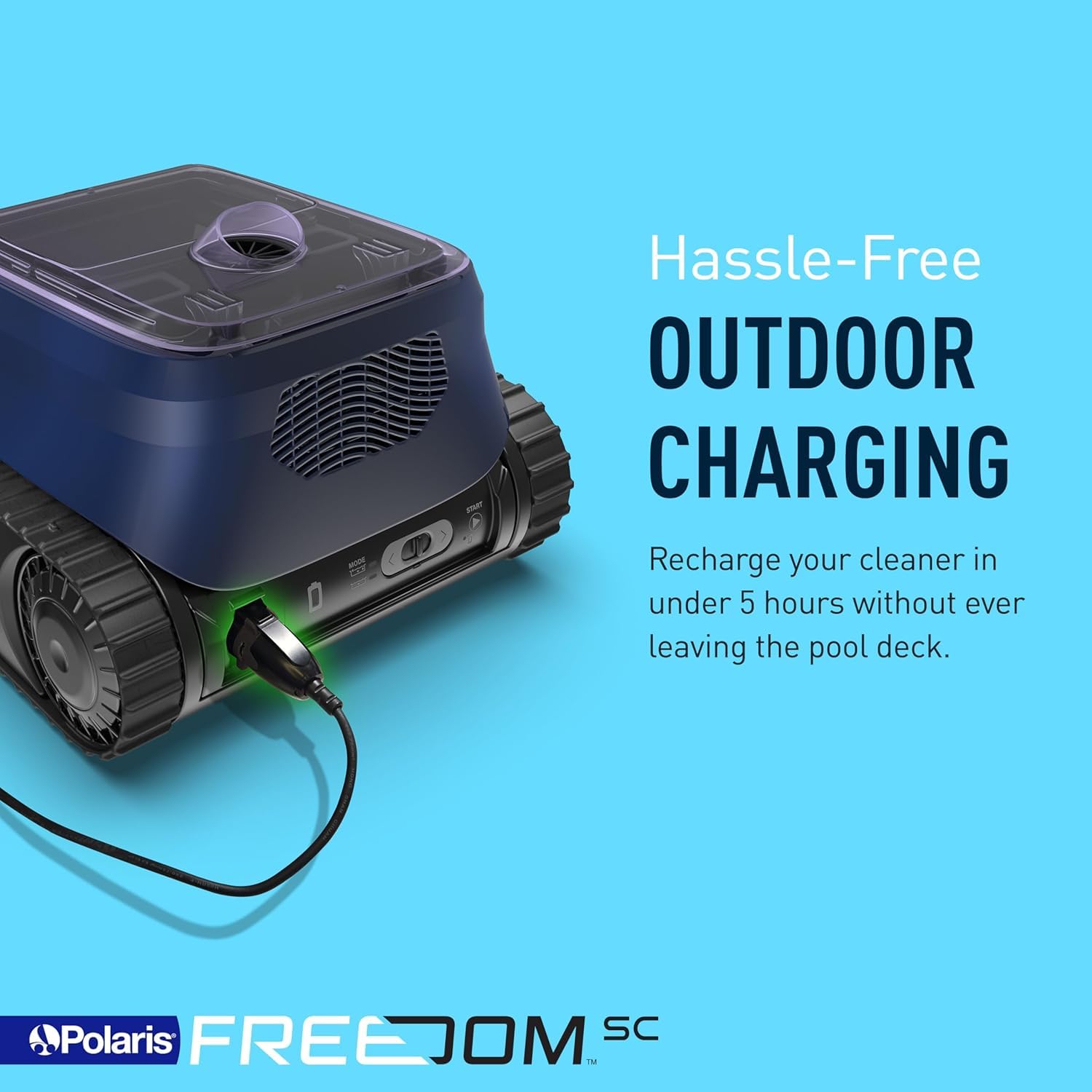 Polaris Freedom SC charging port connected to outdoor power, illustrating simple deck charging