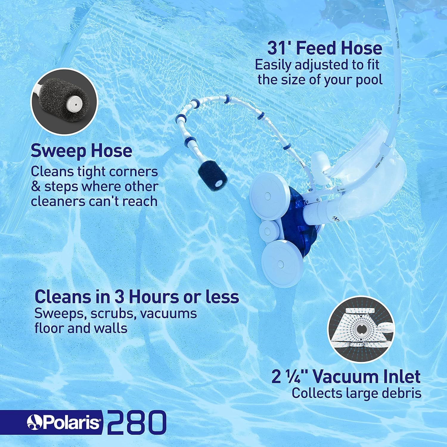 Polaris Vac-Sweep 280 hose connection detail showing easy installation benefit