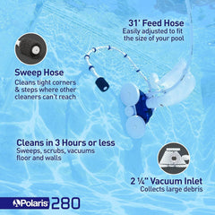 Polaris Vac-Sweep 280 hose connection detail showing easy installation benefit