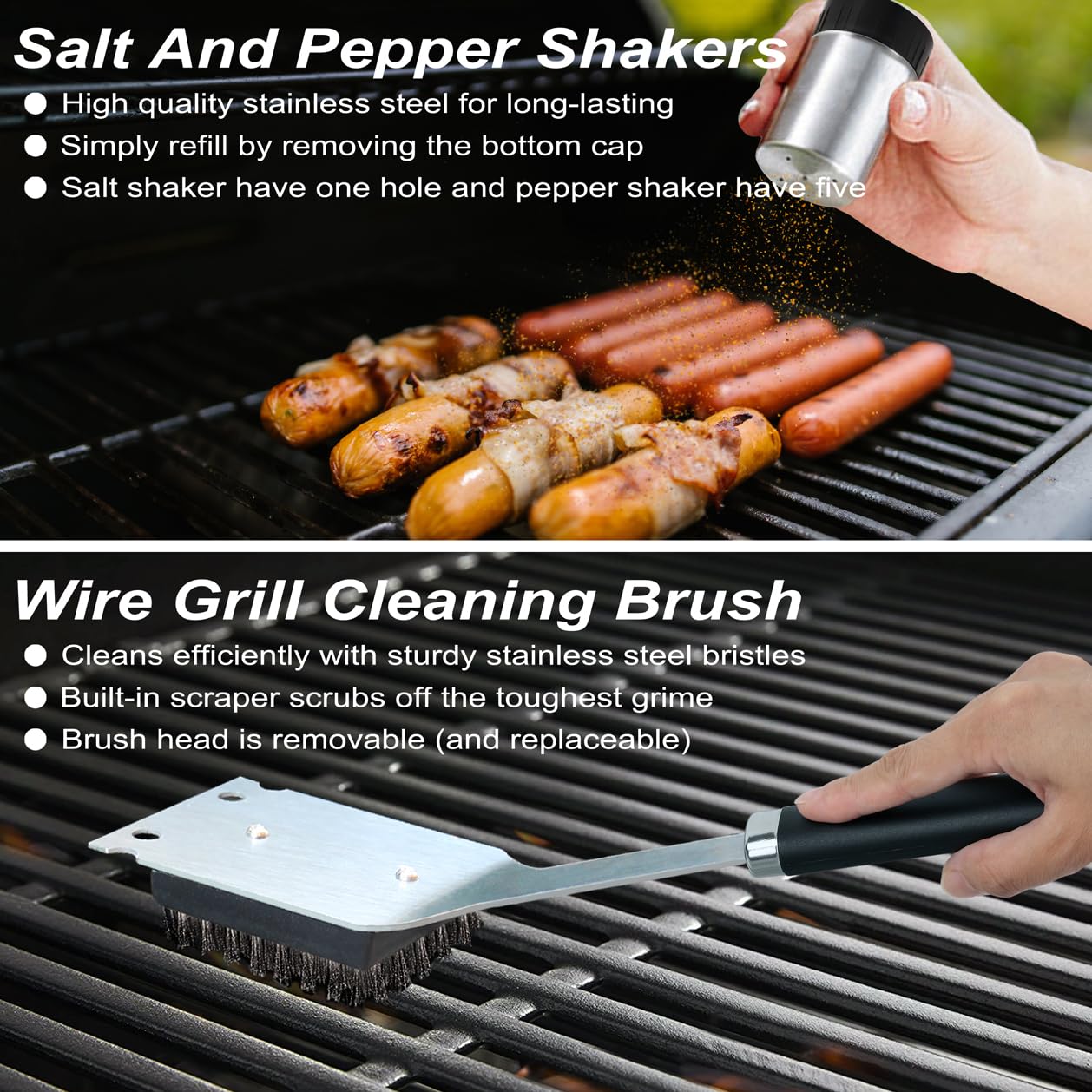 POLIGO grill brush with replaceable head showing effective grate cleaning