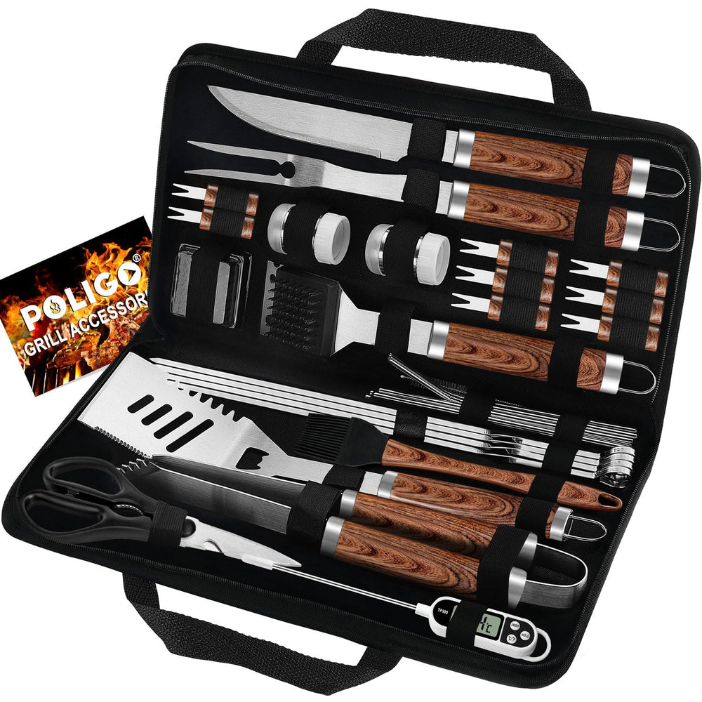 POLIGO front packaging showing complete 29-piece grill kit and gift-ready bag