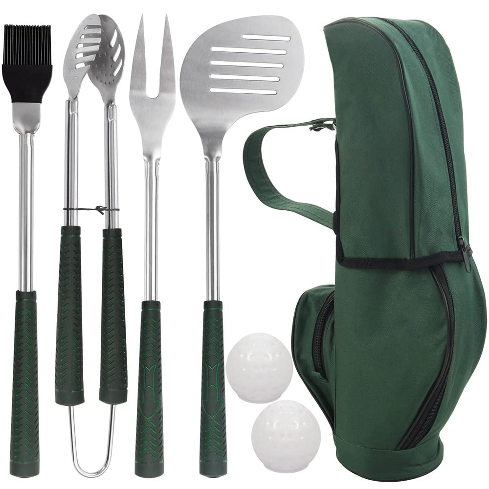 POLIGO front view of golf-club style BBQ set showing full kit and green bag for easy transport