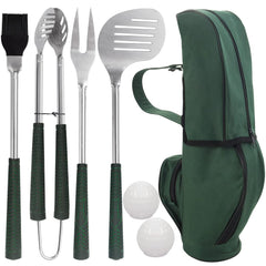POLIGO front view of golf-club style BBQ set showing full kit and green bag for easy transport