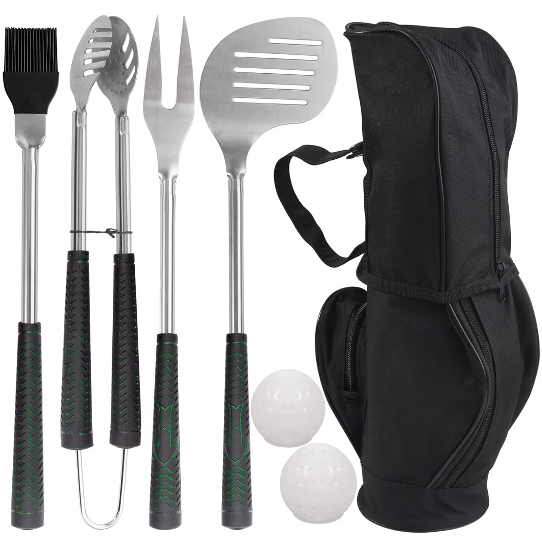 POLIGO front view of the full 7-piece golf-club style BBQ kit showing organization and portability