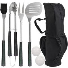 POLIGO front view of the full 7-piece golf-club style BBQ kit showing organization and portability