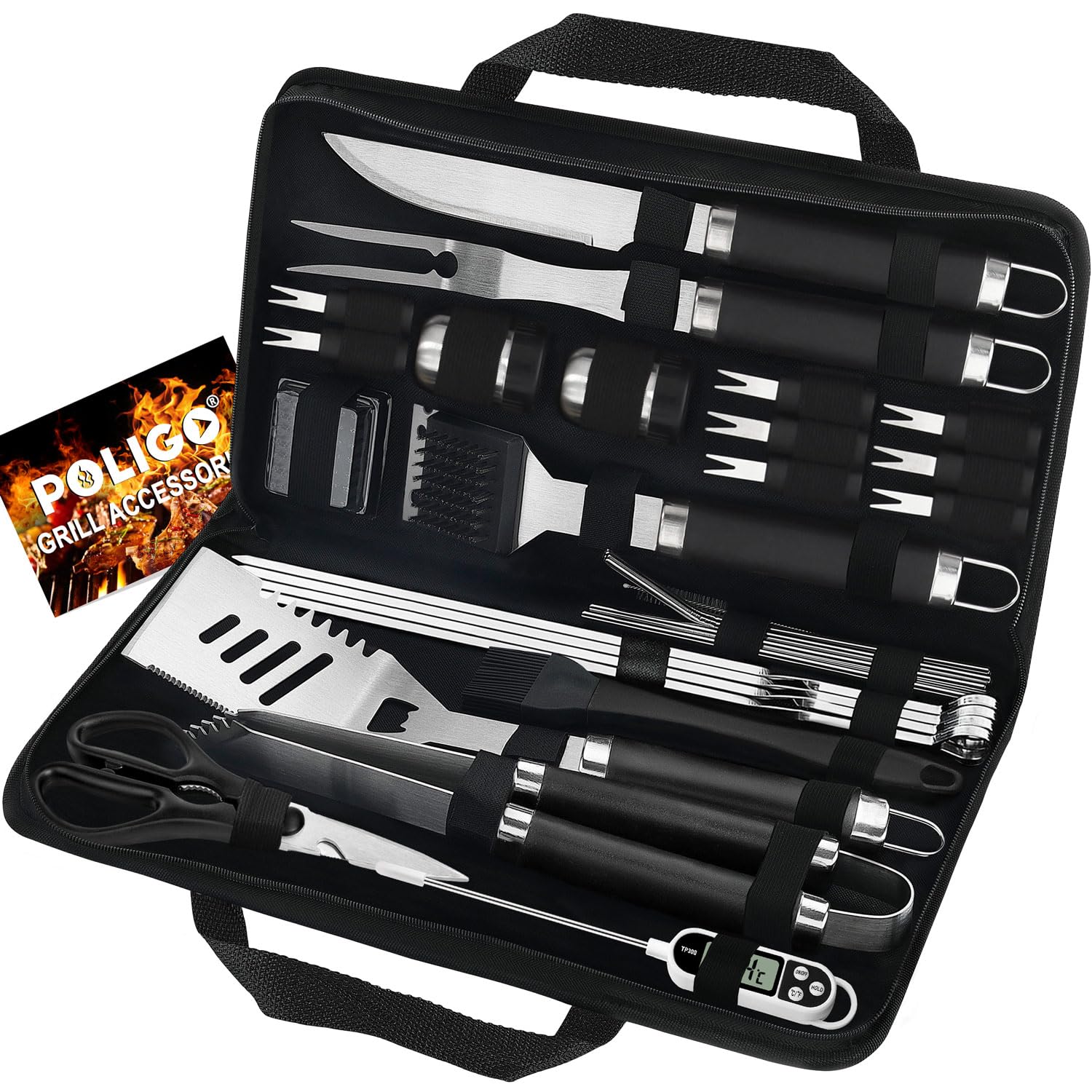 POLIGO front view of full 29-piece grill set showing organized tools and bag benefit: ready grilling