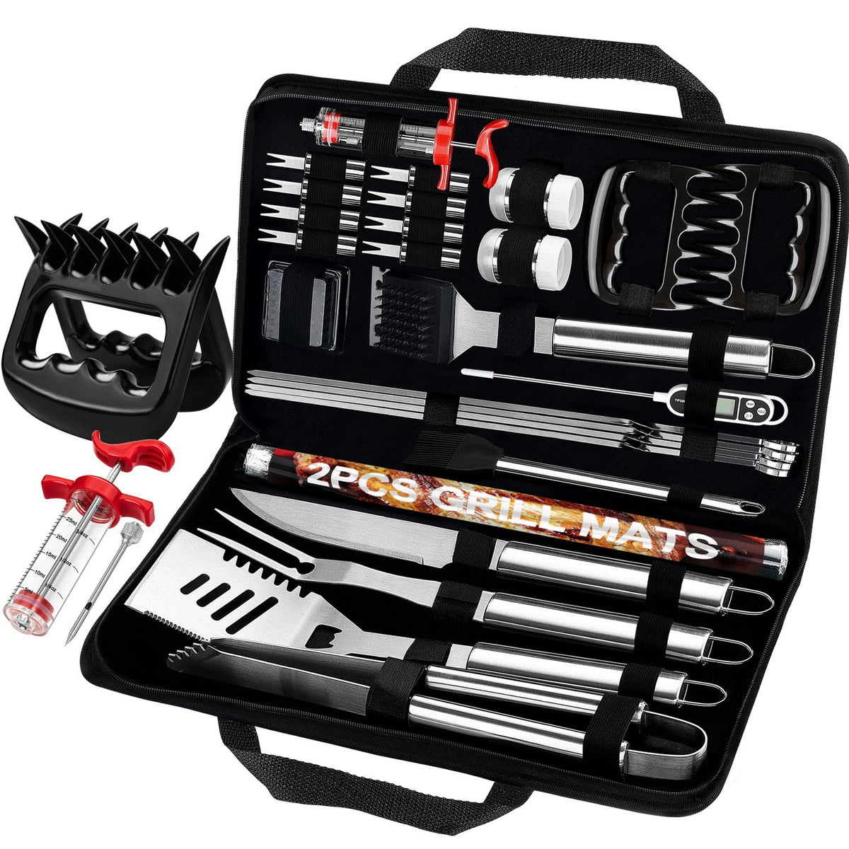 POLIGO front view kit open showing complete grill tool set and organized layout