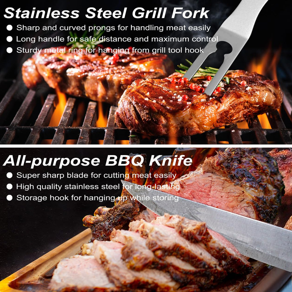 POLIGO tools in use flipping steak on a grill demonstrating control and professional results benefit