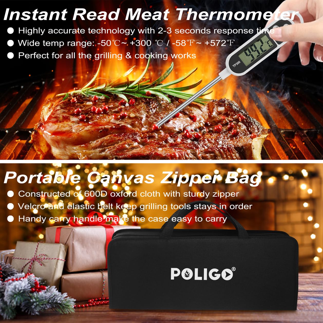 POLIGO kabob skewers with corn holders displayed for barbecue variety and serving convenience benefit