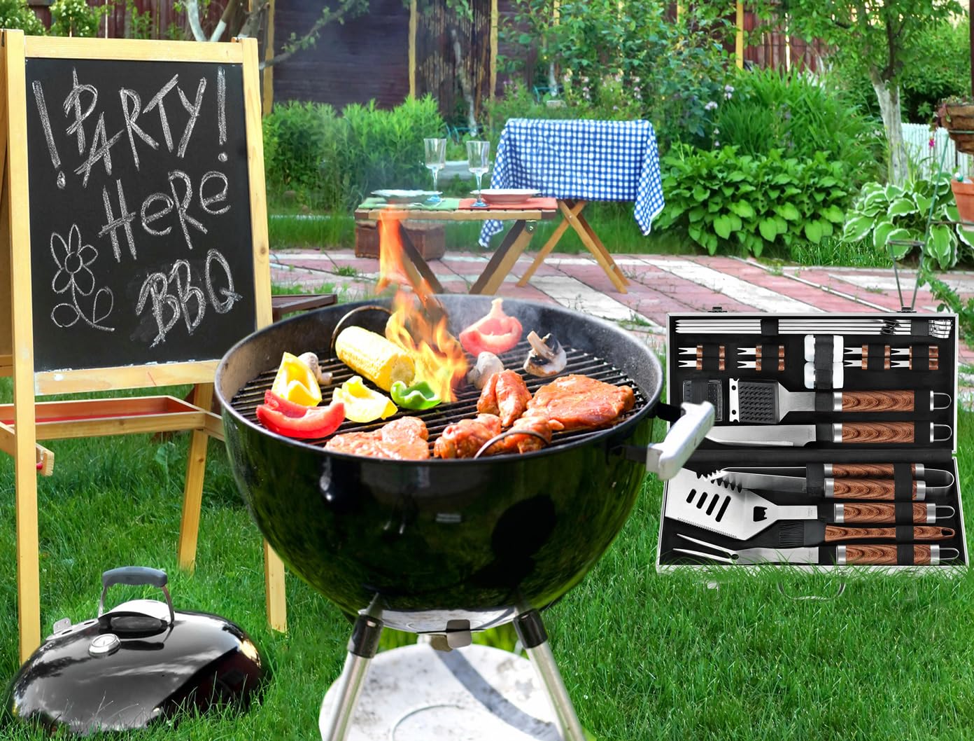 POLIGO grilling scene in backyard showing kit ready for entertaining
