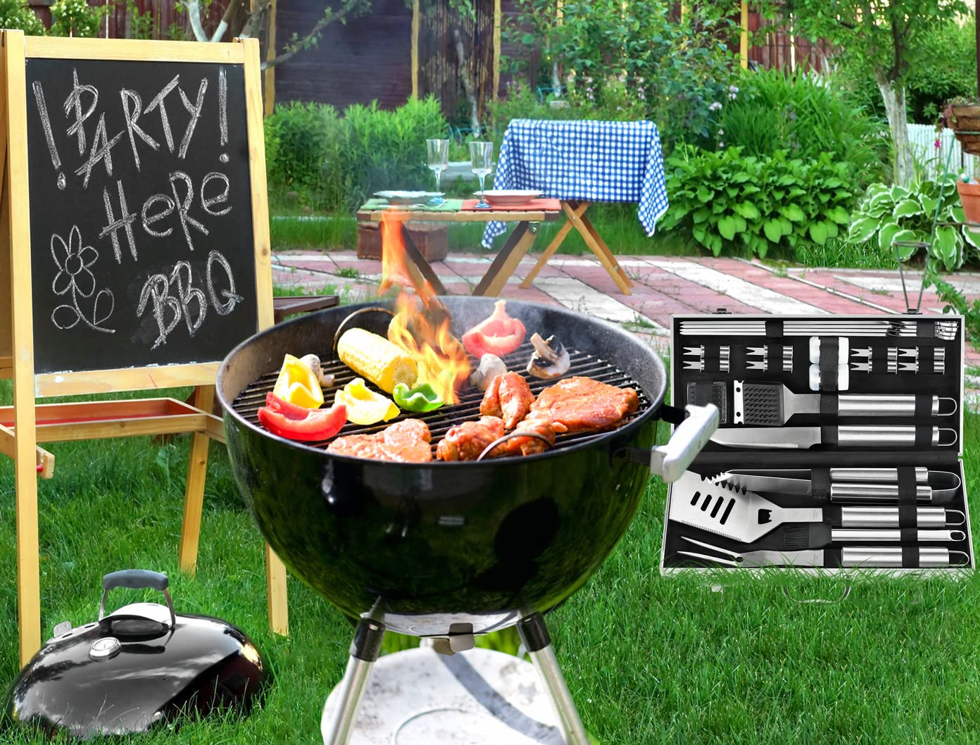 POLIGO lifestyle backyard barbecue scene illustrating ready-to-use kit