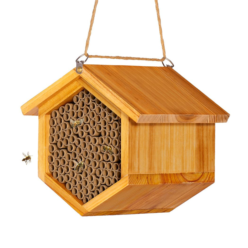 POLLIBEE front view of wooden bee house showing entry holes and weatherproof design benefit