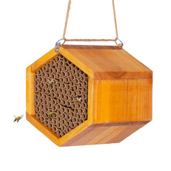 POLLIBEE front view of wooden bee house showing compact weatherproof design