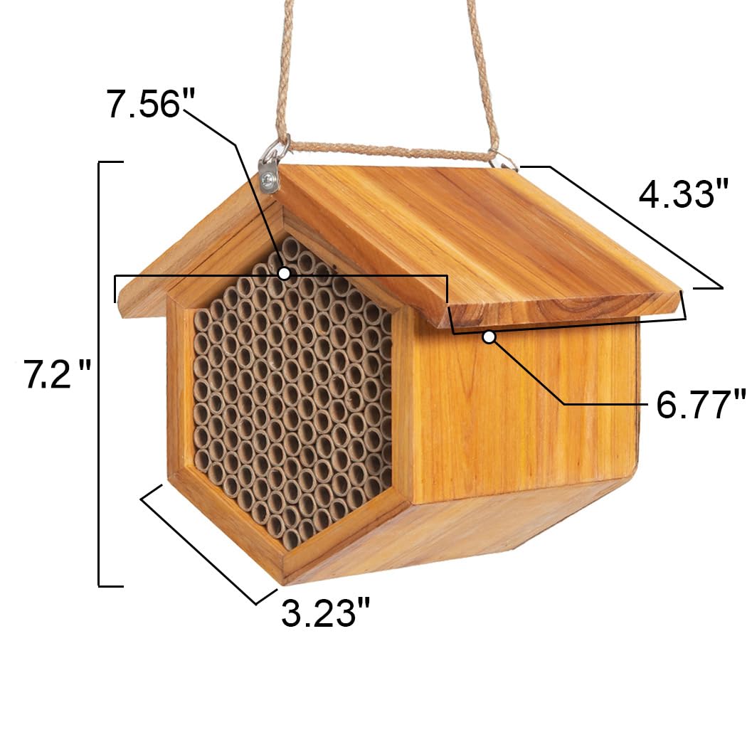 POLLIBEE bee house hung on a tree in a garden attracting pollinators and boosting blooms