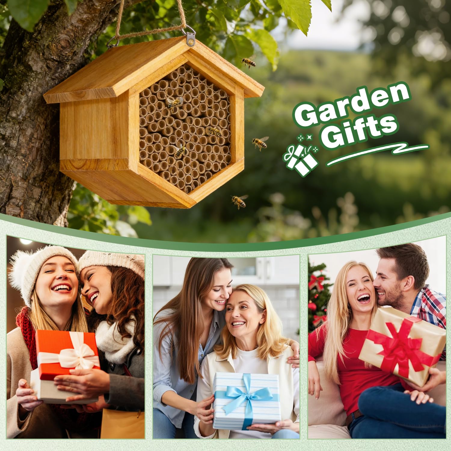 POLLIBEE bee house in a flowerbed lifestyle scene encouraging garden pollination benefits