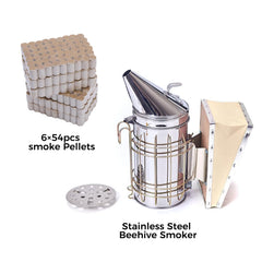 POLLIBEE bee smoker close-up with heat shield and pellets showcasing reliable smoke control