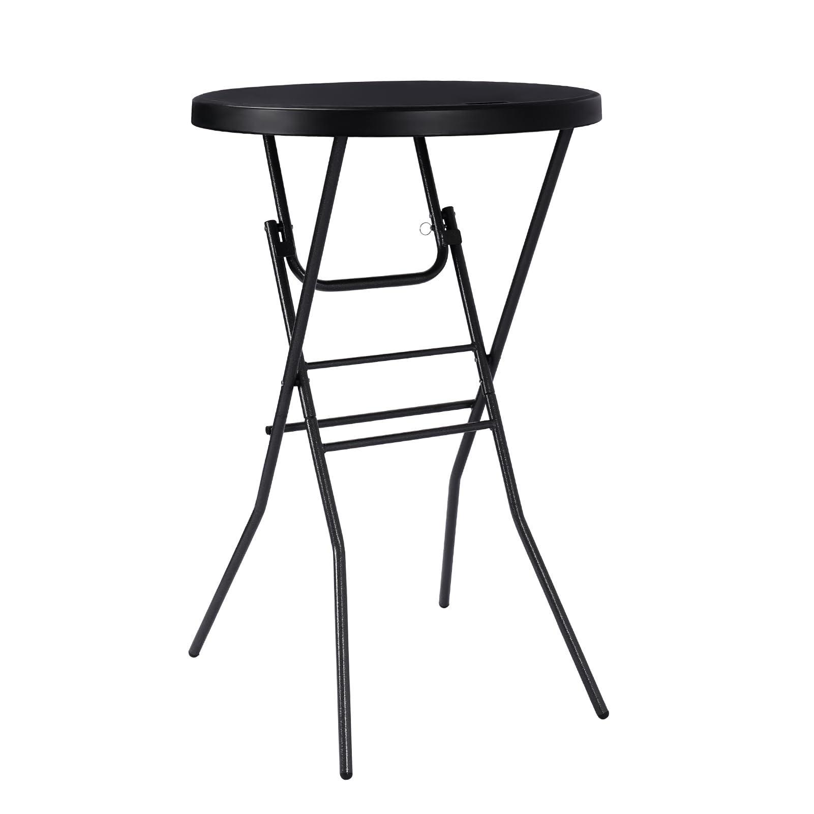 pollilar front view cocktail table showing sleek black tabletop and stable frame benefit portability